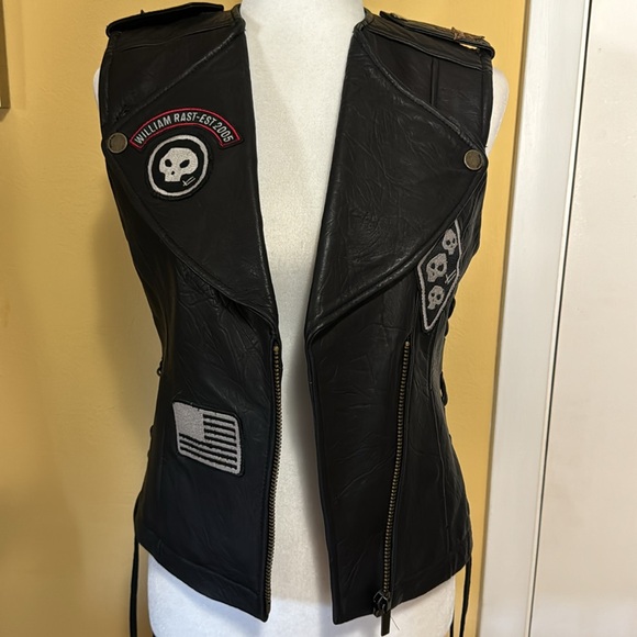 Vtg William Rast Designer Leather Moto Vest Lace Up Biker Patch Jacket - Picture 9 of 12